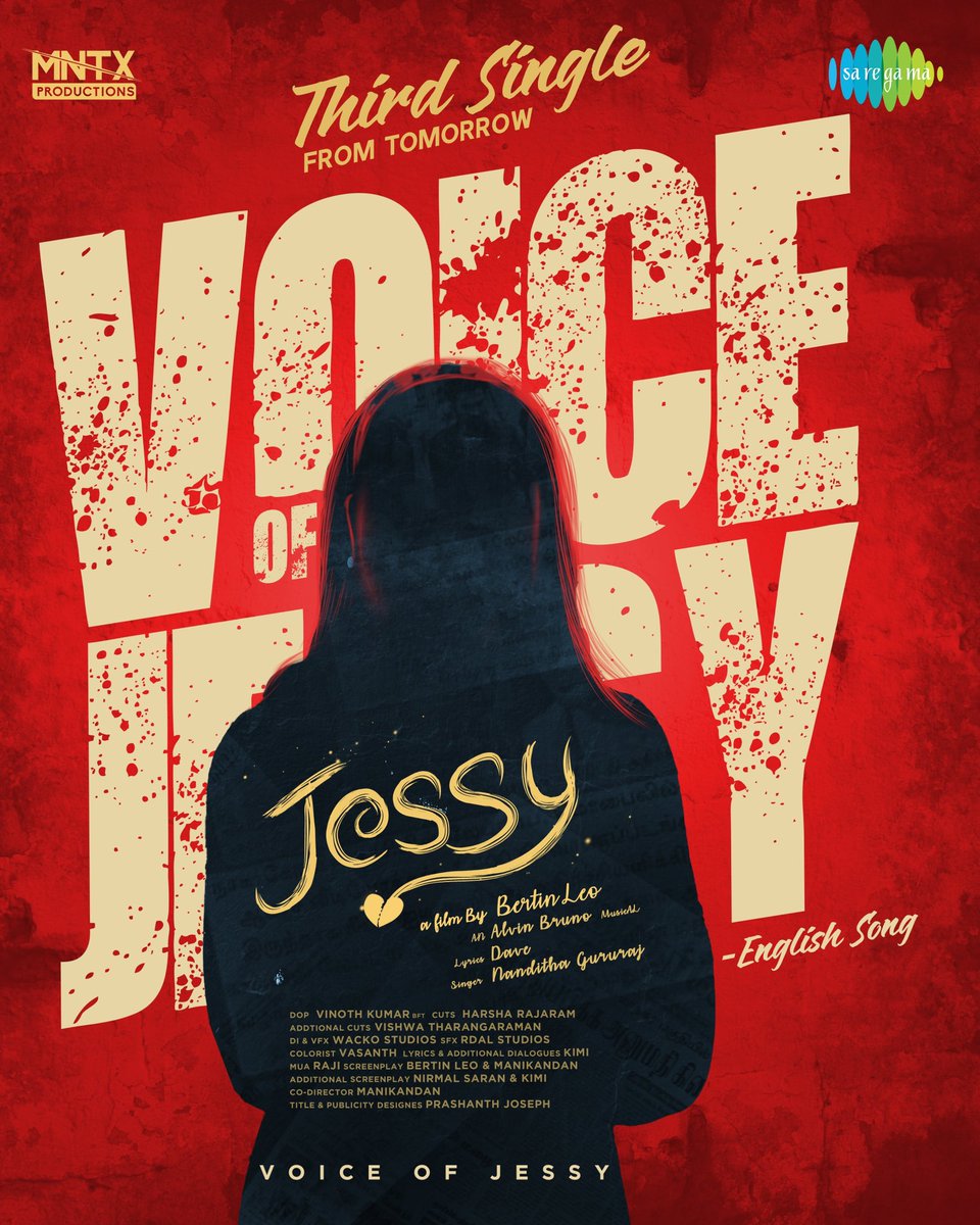 Saregama South (@saregamasouth) on Twitter photo The Third Single #VoiceOfJessy From #Jessy Drops Tomorrow! ❤️🎶
🎶 <a href="/AlvinBruno_ABS/">Alvin Bruno</a>
🎙️ #NandithaGururaj
✍🏻 #Dave
<a href="/BertinLeo2/">Bertin Leo</a> <a href="/sushmanair07/">Sushma Nair</a> <a href="/VinothDop/">vinoth dop</a> <a href="/dheeshanth/">jagadeesh_srinishanth</a> <a href="/Mani078/">Manikandan</a> <a href="/editor_harsha/">HarshaRajaram</a> <a href="/NirmalsaranB/">NirmalSARAN</a> <a href="/thewhackostudio/">TheWhackoStudio</a> <a href="/Prashanth_Josep/">Joseph Vijay Prashanth</a> The Third Single #VoiceOfJessy From #Jessy Drops Tomorrow! ❤️🎶
🎶 <a href="/AlvinBruno_ABS/">Alvin Bruno</a>
🎙️ #NandithaGururaj
✍🏻 #Dave
<a href="/BertinLeo2/">Bertin Leo</a> <a href="/sushmanair07/">Sushma Nair</a> <a href="/VinothDop/">vinoth dop</a> <a href="/dheeshanth/">jagadeesh_srinishanth</a> <a href="/Mani078/">Manikandan</a> <a href="/editor_harsha/">HarshaRajaram</a> <a href="/NirmalsaranB/">NirmalSARAN</a> <a href="/thewhackostudio/">TheWhackoStudio</a> <a href="/Prashanth_Josep/">Joseph Vijay Prashanth</a>