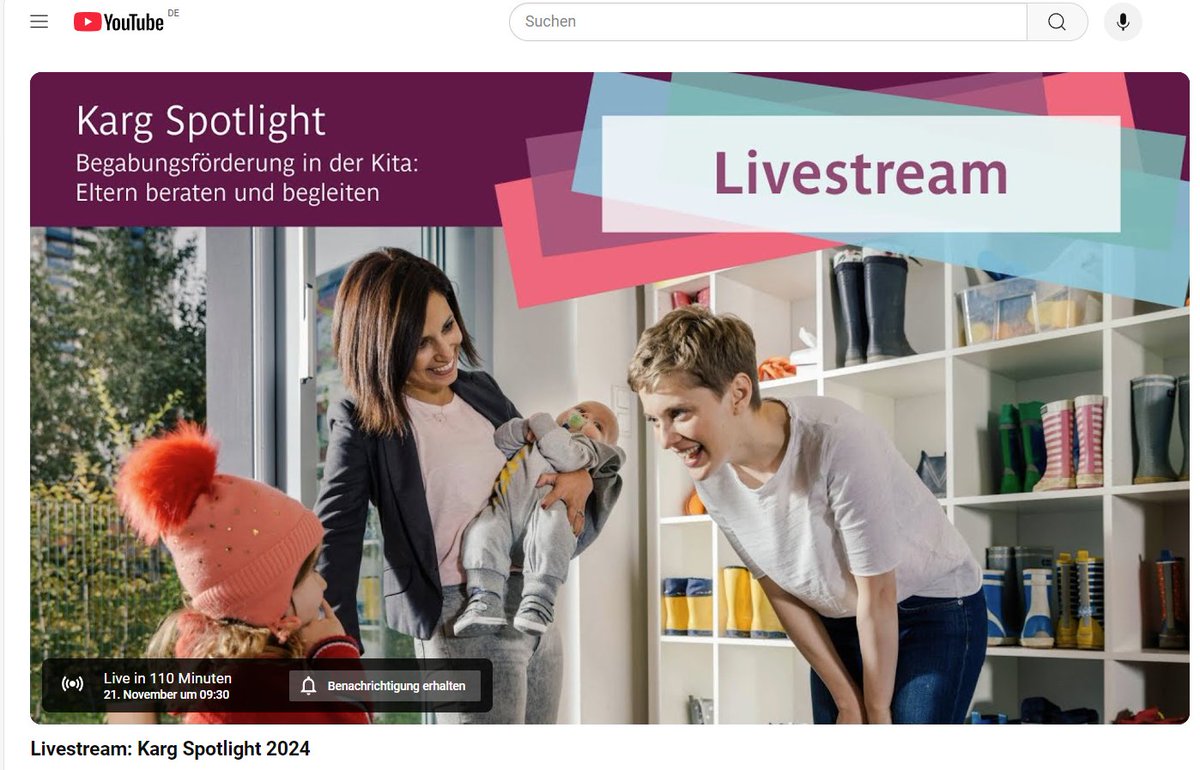 Karg-Stiftung (@kargstiftung) on Twitter photo Guten Morgen ✌️
📺 Unser Livestream zur #KargSpotlight Netzwerktagung startet um 9:30 Uhr.
Um 10:00 Uhr beginnt der Eröffnungsvortrag von Prof. Tanja Betz (<a href="/uni_mainz/">Universität Mainz</a>)
YouTube 👉 sohub.io/bbo7
#Begabungsförderung #Kita #FrüheBildung Guten Morgen ✌️
📺 Unser Livestream zur #KargSpotlight Netzwerktagung startet um 9:30 Uhr.
Um 10:00 Uhr beginnt der Eröffnungsvortrag von Prof. Tanja Betz (<a href="/uni_mainz/">Universität Mainz</a>)
YouTube 👉 sohub.io/bbo7
#Begabungsförderung #Kita #FrüheBildung
