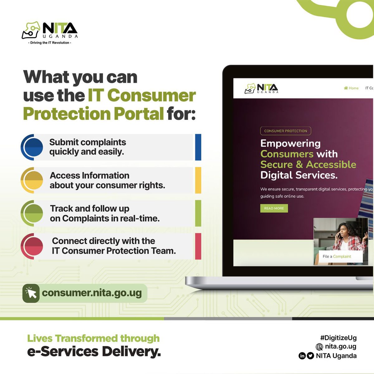 Raychobabe's tweet image. Wondering what you can use the IT Consumer Protection Portal for?
1️⃣ Submit complaints quickly &amp;amp; easily 
2️⃣ Access information about consumer rights 
3️⃣ Track &amp;amp; follow up on complaints in real-time 
4️⃣ Connect directly with the IT Consumer Protection Team
#ConsumerProtectionUG