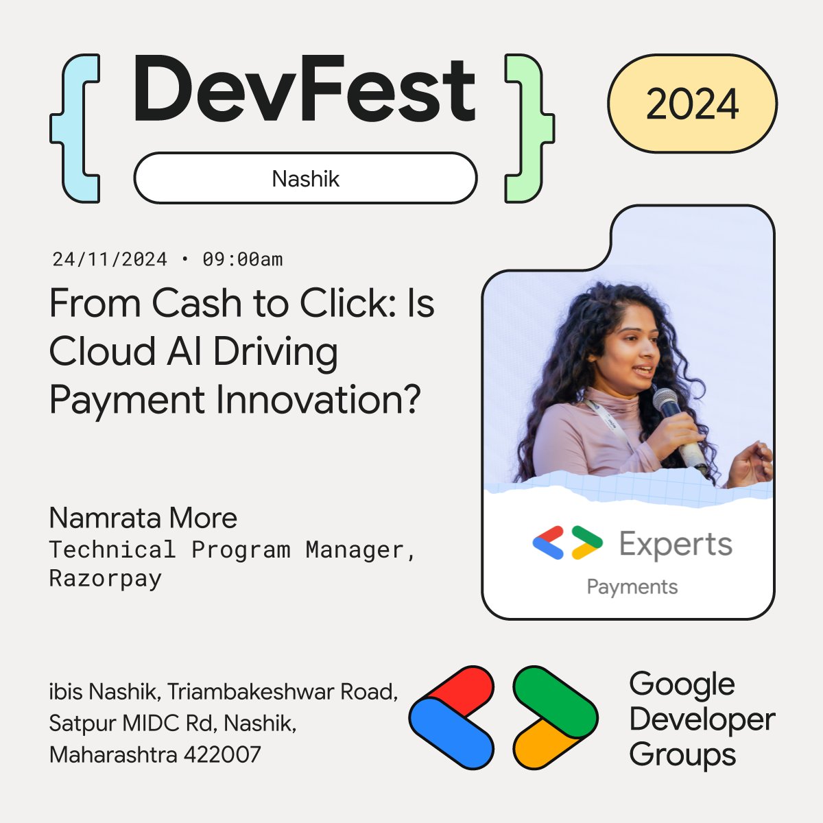 🎤 Ready to ride the wave of payment innovation? 🌊💸 Join <a href="/imnamratamore/">Namrata More</a> at #DevFestNashik 2024 as they explore how Cloud AI is turning cash into clicks! 💡✨ The future of fintech starts here! 🤖💥 #GDGNashik #CloudAI #Fintech #DevFest2024 #Payments
