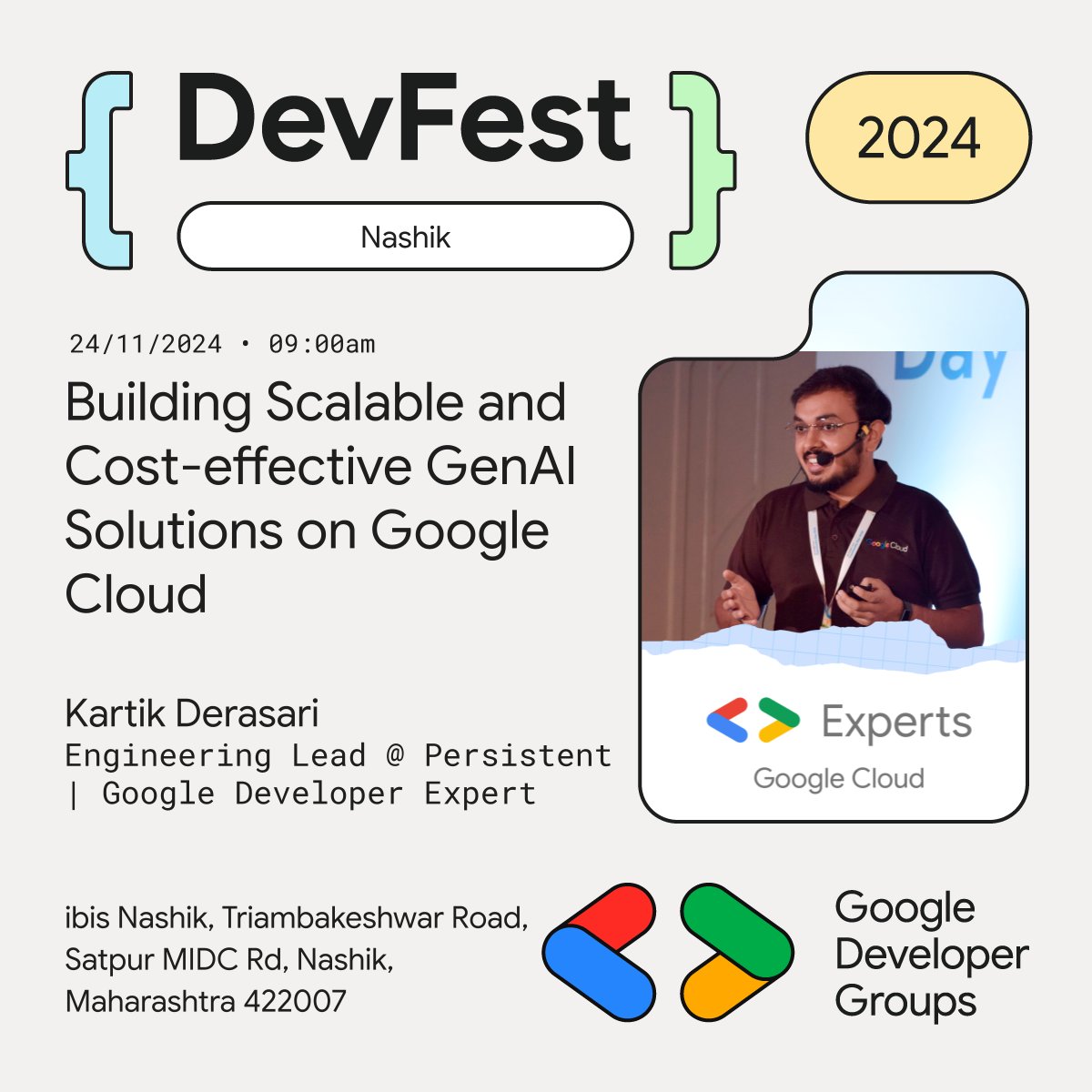 🎤 Get ready for <a href="/kartik_derasari/">Kartik Derasari</a> at #DevFestNashik 2024! 🚀 Unveil the secrets to building scalable &amp; budget-friendly GenAI solutions on Google Cloud 🤖💡 Master the art of AI without the hefty price tag! 💸⚡️ #GDGNashik #GoogleCloud #GenerativeAI #DevFest2024 #AI