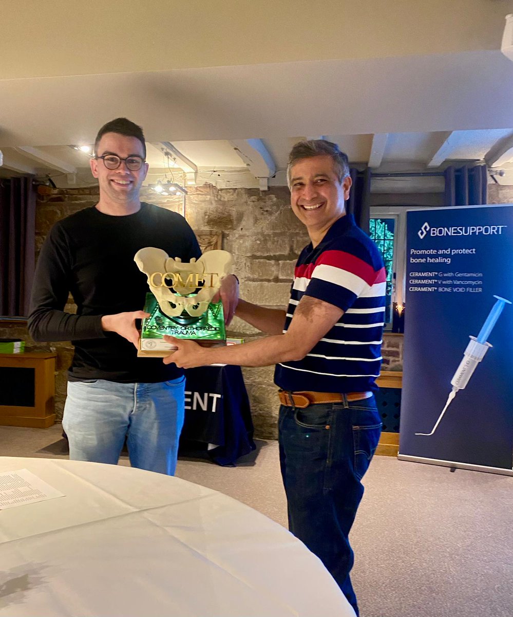 CovOrthoTrauma's tweet photo. We had a wonderful evening at COMET- Coventry Orthopaedic Meeting for Education and Training, filled with engaging case discussions. A big thank you to @BONESUPPORT_AB for sponsoring the event. Congratulations to @TomCloake for winning the trophy (Designed by @GomindesAustin) https://t.co/ph5mH0PmGw