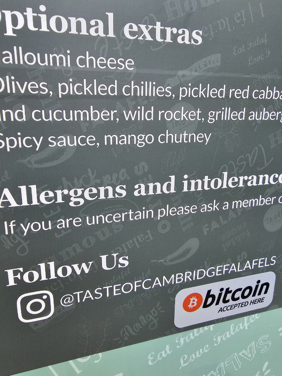 Bridge2Bitcoin's tweet photo. 📣Taste of Cambridge is a street food trailer in #Cambridge that now accepts #bitcoin &amp; #LightningNetwork payments! "Best falafel wrap EVER"😋🧡

🌯Taste of Cambridge 
📍10 Market Street, Cambridge CB2 3PA
😁Opposite FatFace
🗓️Wed-Sun
⏰11.00-15.30
🔗https://t.co/WVRsDOHskq https://t.co/XbZdr6HpJk