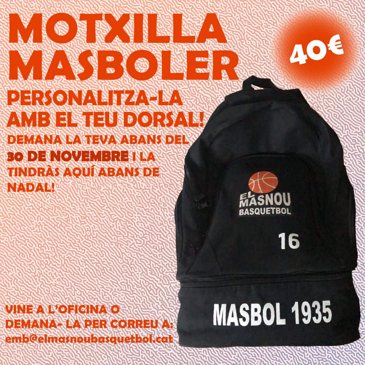 Ep!! Encara no tens la teva 𝗠𝗢𝗧𝗫𝗜𝗟𝗟𝗔 𝗠𝗔𝗦𝗕𝗢𝗟𝗘𝗥?! 😱

Demana-la abans del 30 de novembre i recull-la abans de Nadal!

📥 Pots demanar-la a l'oficina del club els dies d'entrenament o a través del correu: emb@elmasnoubasquetbol.cat

#SomMasbol