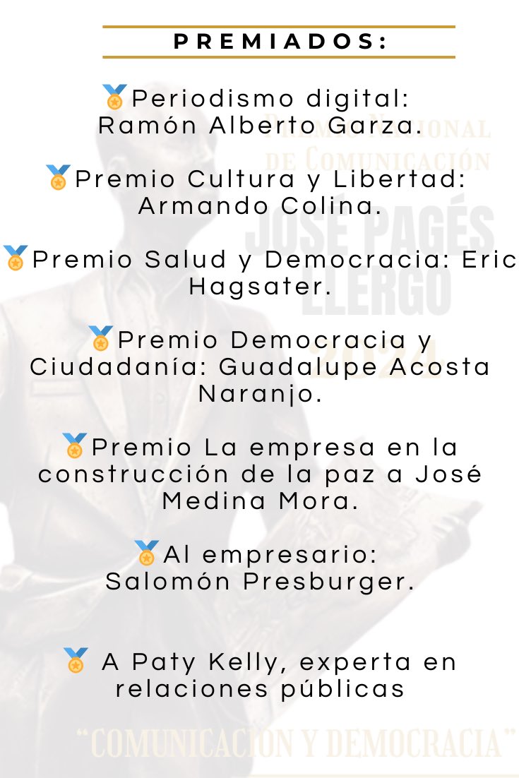 PagesBeatriz's tweet photo. ¡Muchas Felicidades a todos! 🥇👏🏻👏🏻👏🏻

Les comparto la lista de galardonados: 

#PremiosPagés2024
#PremioNacionalDeComunicación2024 https://t.co/iUo3KPr0Mo