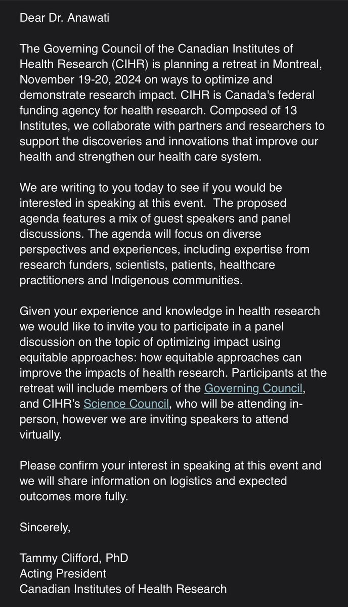 A while ago I had a surprise 🤯 invitation. ‘Pursuing #HealthEquity through Research: Achieving Maximum Impact’ <a href="/CIHR_IRSC/">CIHR</a> Governing &amp; Science Councils.

Today, I got to speak about #NorthernOntario #health inequities &amp; how #SocialAccountability should guide research priorities.