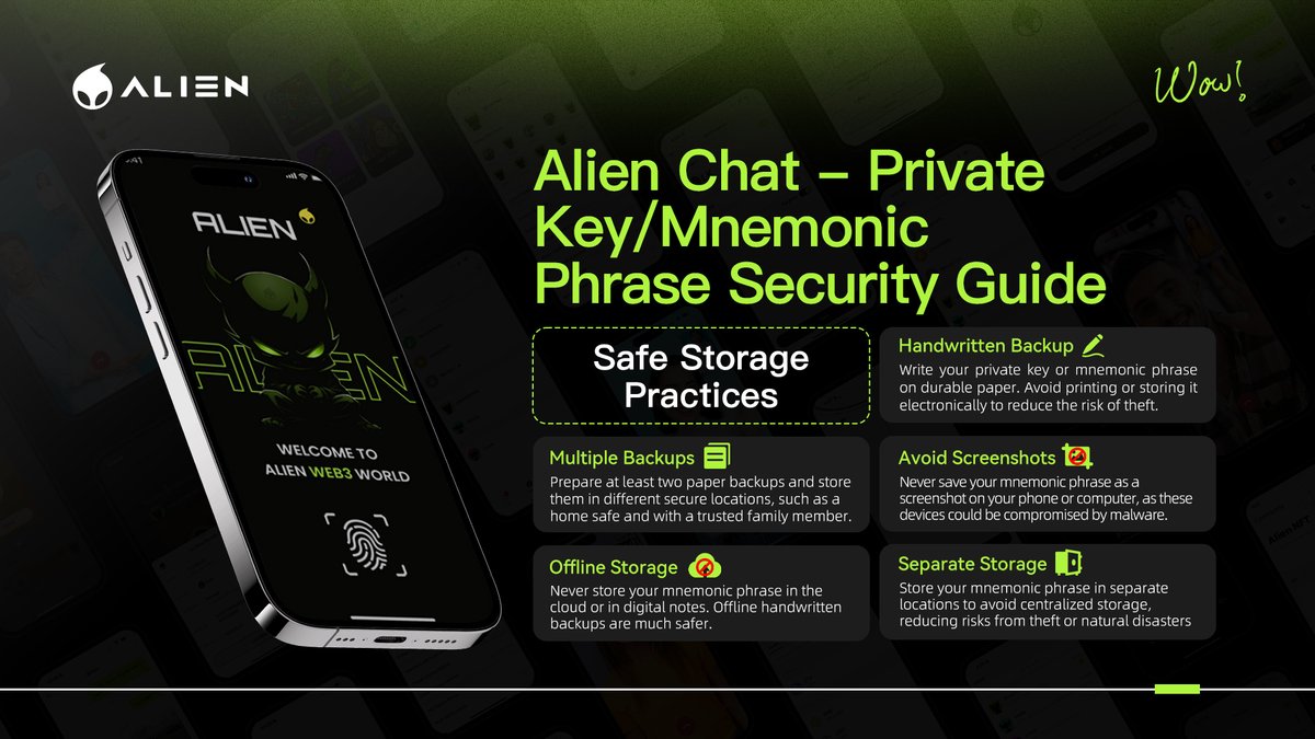 jmbaishitong's tweet photo. Your mnemonic phrase is your wealth password—handle it with care! 💎🔒
Avoid the cloud, store it separately, and shield against hackers. 🛡️
#AlienChat — always providing absolute user privacy protection. 🛡️✨
#MnemonicPhraseSafety 🔑 #DigitalAssetProtection 🪙💼 https://t.co/ySIaFYzPk1