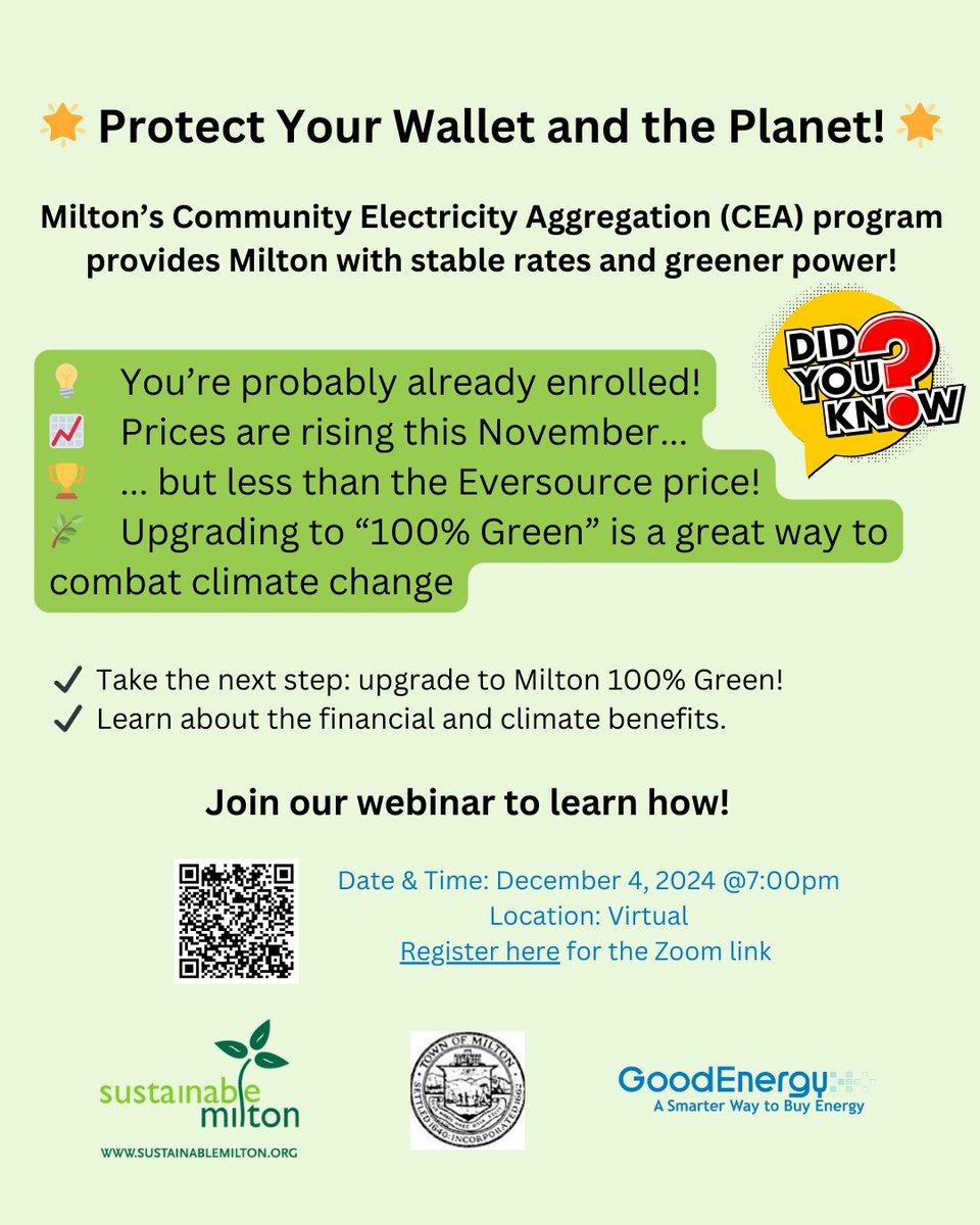 Join our Webinar on Milton's Community Electricity Aggregation (CEA) Program, on Dec 4, 2024 at 7pm ET.
Register here: docs.google.com/forms/d/1CPl7l…