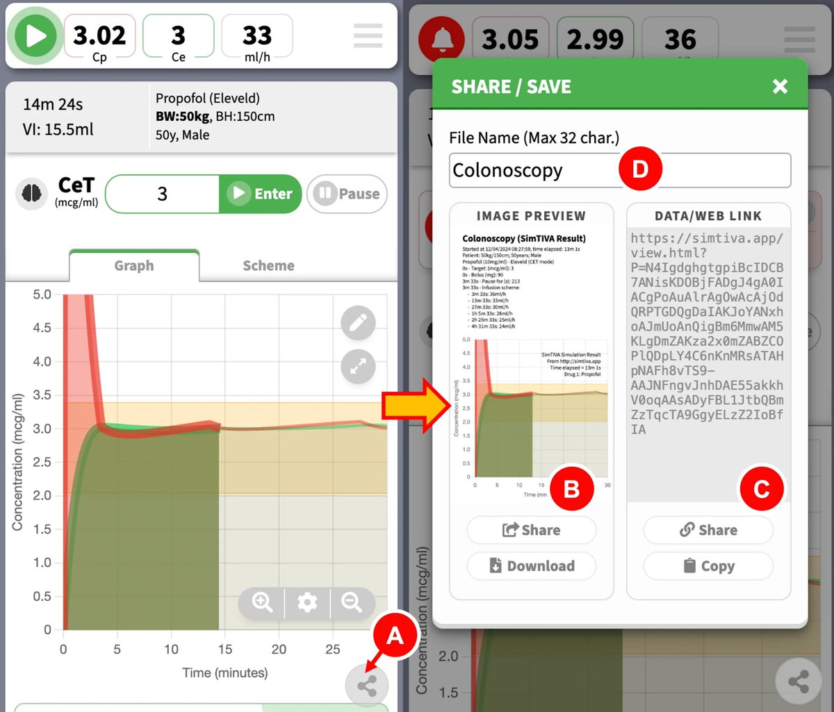 Simtiva.app TIP: ✨
U may share your simulation via the "share" button (A). U may then choose to share the sim as a picture (B) or a weblink (C) via your favorite apps. U may enter a filename(D). Weblinks can be opened by the SimTIVA viewer which has an interactive