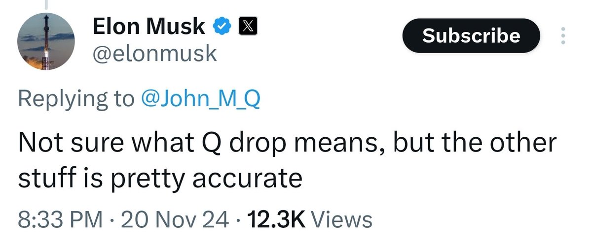 ShadowofEzra's tweet photo. Elon Musk says he doesn't know what a Q drop is.

"But the other stuff is pretty accurate." https://t.co/HXcl8wII7Y