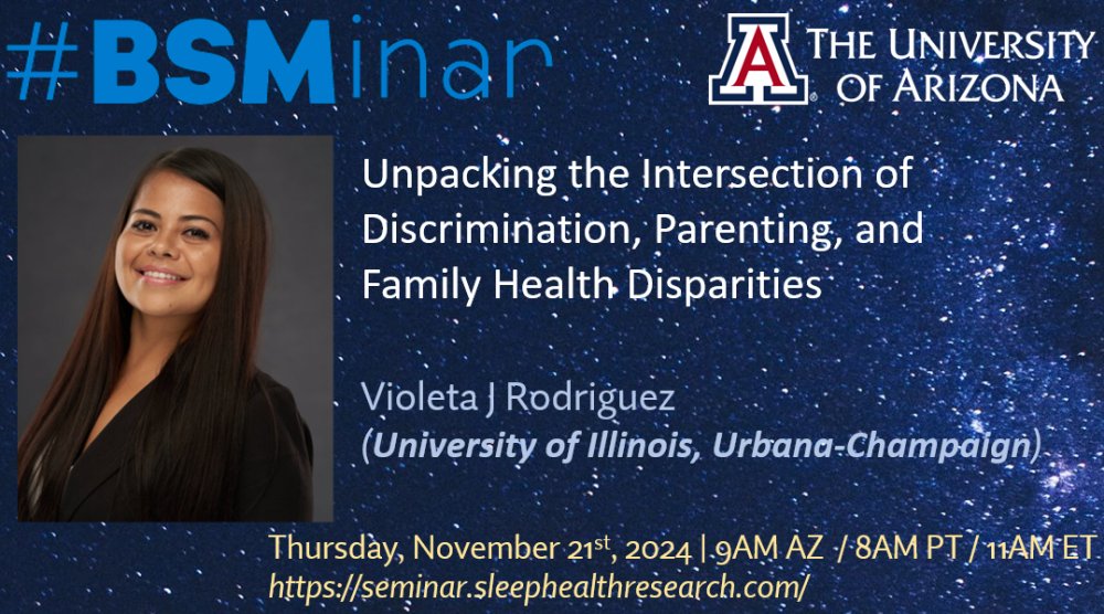 Join me tomorrow Thurs 11/21 at 9am AZ (8am PT / 11amET) for the next #BSMinar!

Violeta Rodriguez @vjrphd from <a href="/PsychIllinois/">UIUC Psychology Department</a> presents:

"Unpacking the Intersection of Discrimination, Parenting, and Family Health Disparities"

Free CME! Info/Signup: seminar.sleephealthresearch.com