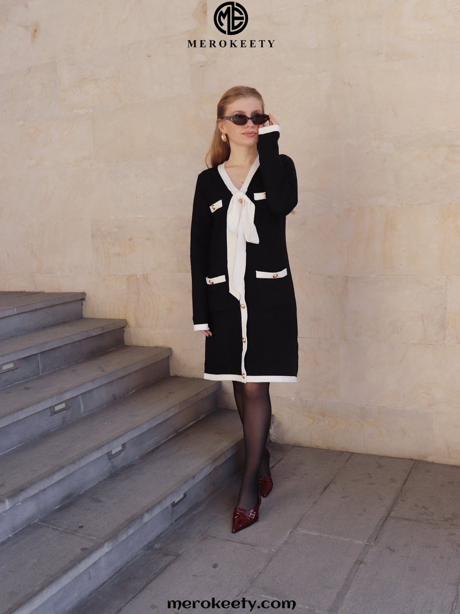 Long sleeve, v-neck, self tie bow detail, decorative buttons, color blocked, two pockets, above knee length, loose fit, chic and trendy business dress.
#FashionTrends2024 #SheerStyle
#mfw #Amazon #merokeety