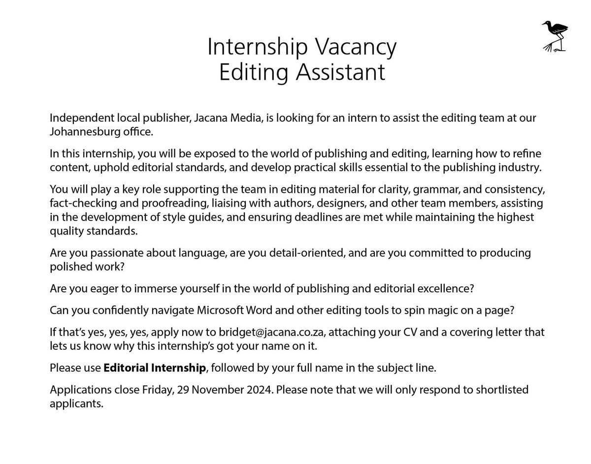 WildPasts_'s tweet photo. Internship with a good group of humans, if you’re excited about entering the publishing world @JacanaMedia https://t.co/izcgt8A9uR