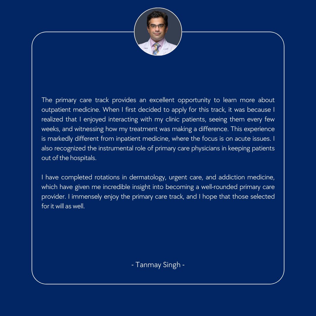 MHIM_Baltimore's tweet photo. Our residents have the opportunity to apply to be part of 4 different tracks: Inpatient, Outpatient, Global Health &amp; Social Medicine Health Equity. 

This is what our previously graduated track residents and current tract residents have to say about their experiences. (2/2) https://t.co/reVU5pHdPo