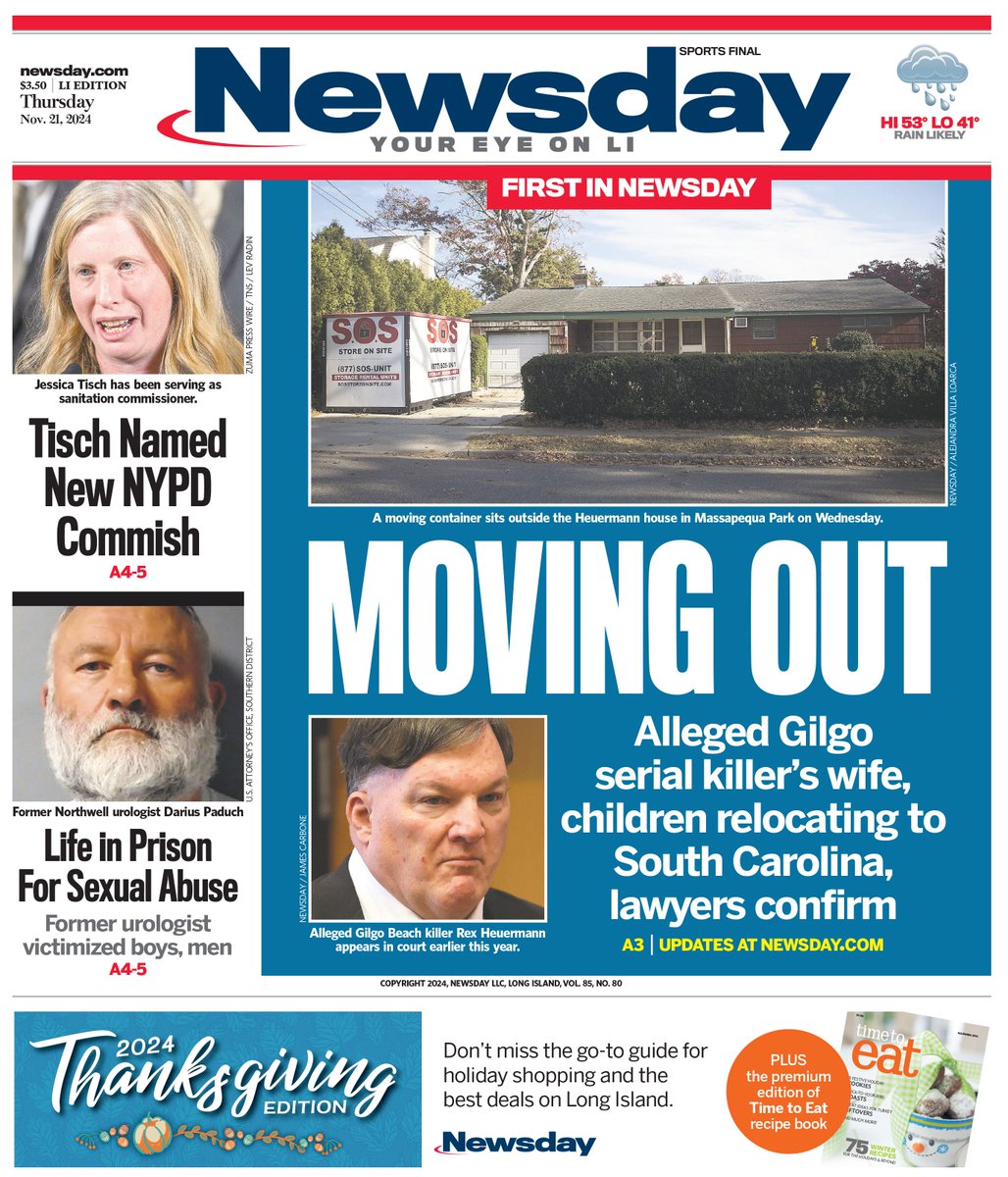 Newsday's tweet image. Thursday's cover: Estranged wife of Rex Heuermann, Asa Ellerup, children, moving out of Massapequa Park home, attorney says buff.ly/3CAqiVr
