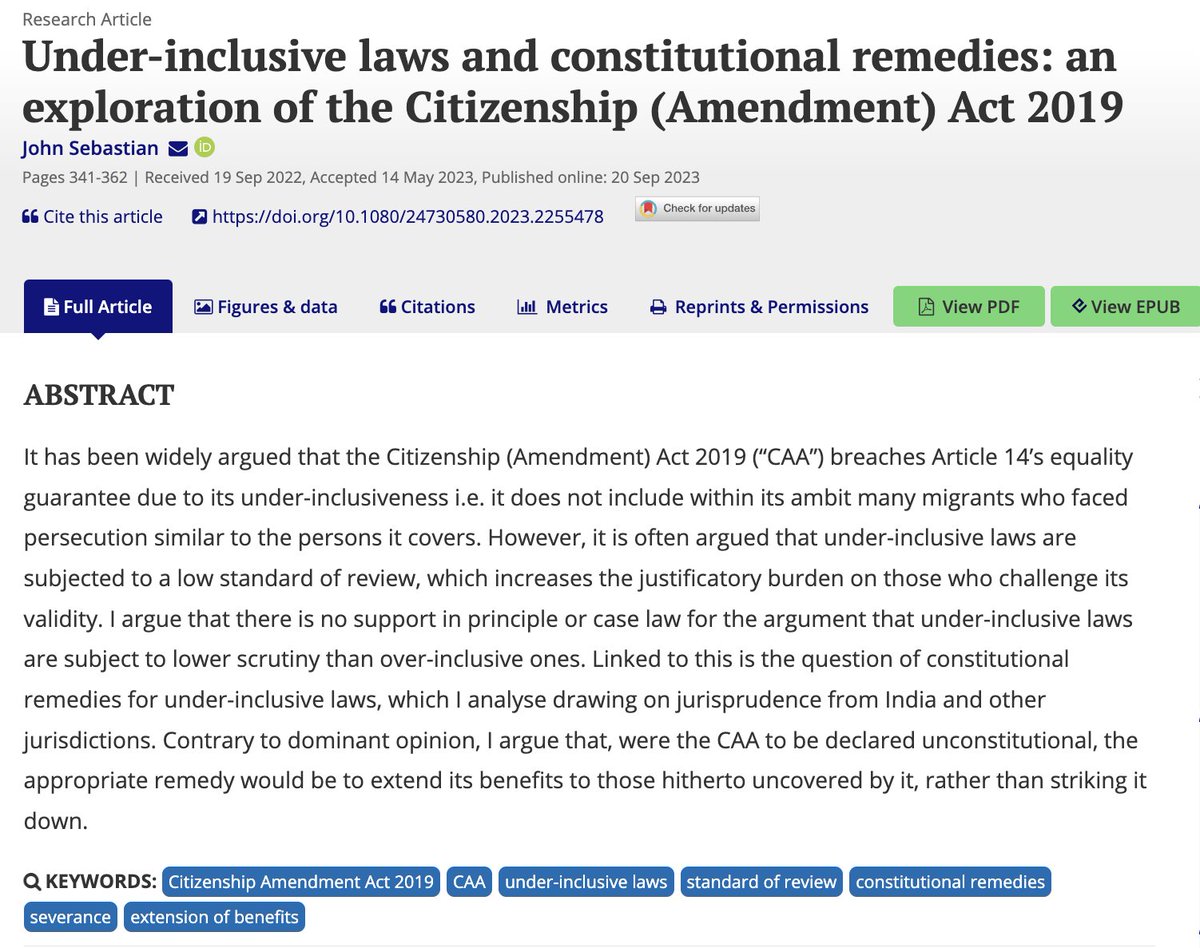 Indian Law Review (@indianlawreview) on Twitter photo An ILR article by <a href="/johnksebastian/">John Sebastian</a> in Vol 7, Issue 3, on the Citizenship (Amendment) Act 2019 has been cited by the Indian Supreme Court in CJI DYC Chandrachud's judgment in In Re Section 6A Citizenship Act. Read the piece here: doi.org/10.1080/247305… An ILR article by <a href="/johnksebastian/">John Sebastian</a> in Vol 7, Issue 3, on the Citizenship (Amendment) Act 2019 has been cited by the Indian Supreme Court in CJI DYC Chandrachud's judgment in In Re Section 6A Citizenship Act. Read the piece here: doi.org/10.1080/247305…