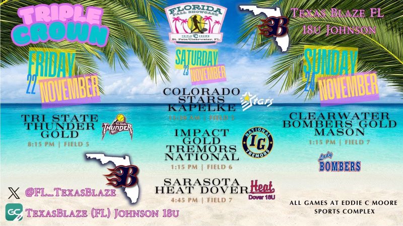 This weekends schedule! Come out a check us out. Our 25’s are committed but our 26’s are still looking for their place!