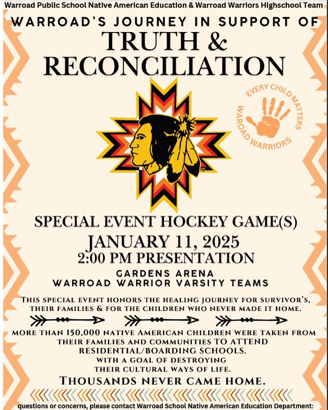Lady_Warriors00's tweet image. The Native American Education Program and the Warroad Warrior Highschool Coaches and Varsity Teams extends a special Invitation for you to attend the Truth and Reconciliation Event on January 11, 2025. 

Please wear your Warrior jerseys and or orange attire, let's pack the…