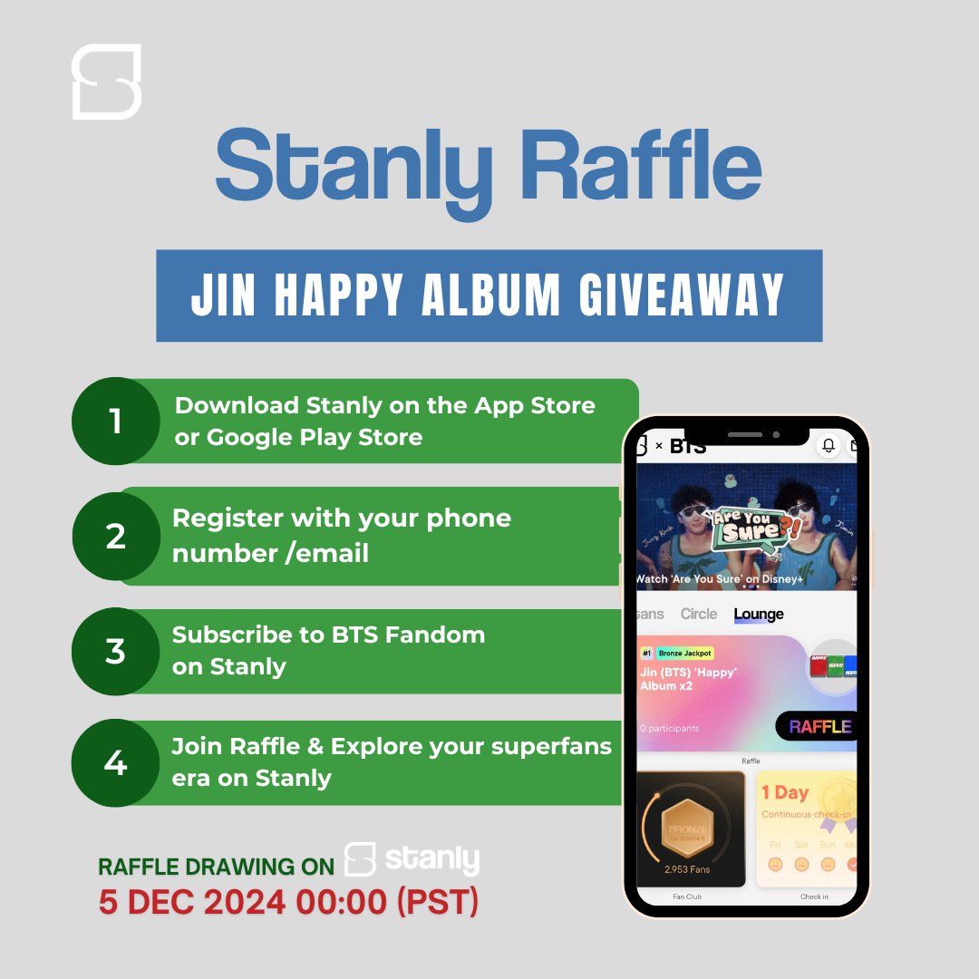 🎉 ARMY, Jin is back with his 1st solo album, HAPPY! 🎉
Join the raffle here 🔗: stanly.go.link/9DpQj 

We’re giving away 2 copies of HAPPY on Stanly! Join the BTS fandom and enter the raffle now! 🎟️ Don’t forget, invite your friends for more chances to win! 🚀

Download