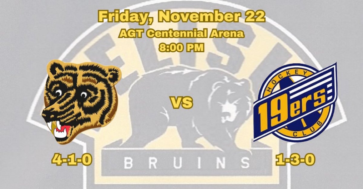 Bruins host the <a href="/19ershockeyclub/">19ersHockeyClub</a> this Friday, November 22 <a href="/DelisleArena/">Delisle Arena</a>