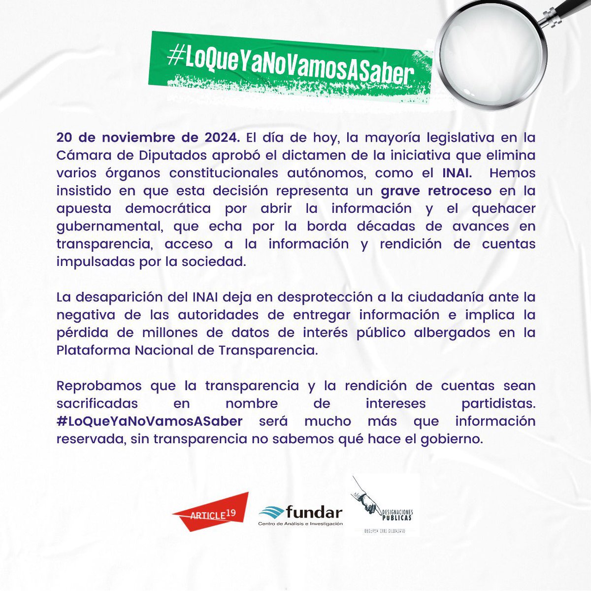 FundarMexico's tweet photo. ⚠ Esta noche @Mx_Diputados aprobó  la desaparición del @INAImexico, el organismo más importante para evitar la opacidad.

La reforma es un grave retroceso para el  derecho a saber y la protección de datos personales.

#LoQueYaNoVamosASaber https://t.co/pEdj9SJ4bX