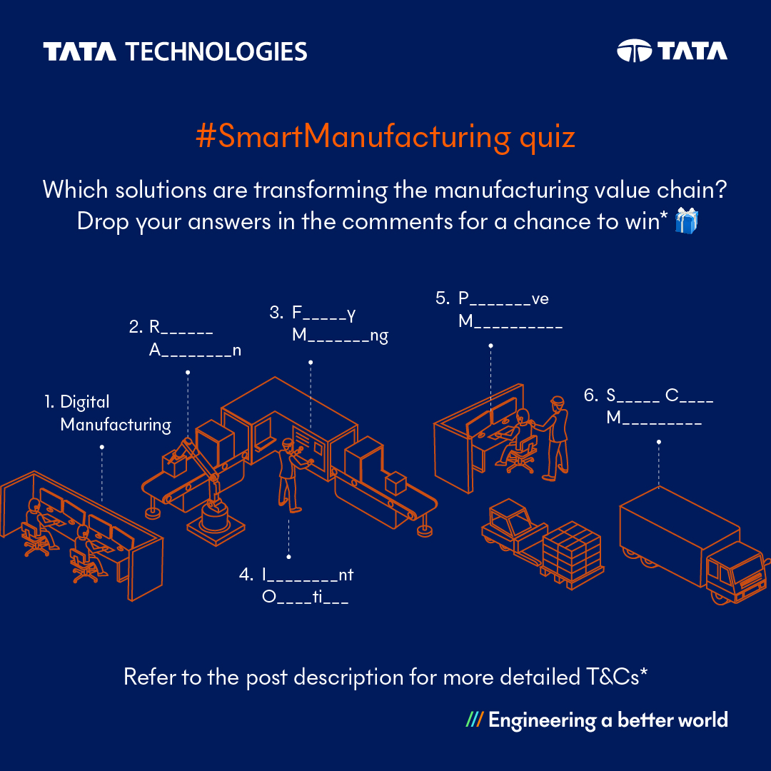 #Quiz - Calling all #smartmanufacturing enthusiasts! Are you ready to put your Smart Manufacturing knowledge to the test?

At Tata Technologies, we are #EngineeringASoftwareDefinedFuture, where manufacturing meets the power of digital innovations and AI to help manufacturing