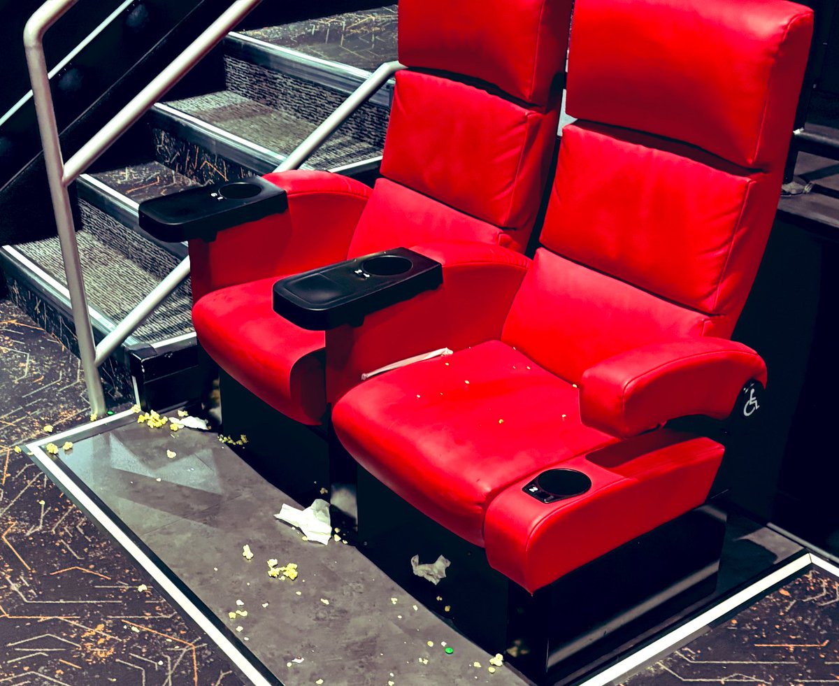 BrndnStrssng's tweet image. It happened again! This is one seat but the whole theater was lined with trash 

I’m going to make it my presidential platform that if you’re invited to a free screening with free concessions as a critic and you do this, a teenage usher gets to beat the shit out of you