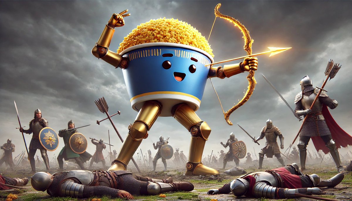 FriedRiceOnTop's tweet photo. "Against all odds, the mighty Fried Rice stood victorious on the battlefield, turning utensils into allies and flavor into ferocity. From the fallen foes, it claimed a legendary bow, a weapon as golden as its grains. A true recipe for greatness. 🍚🏹 #FriedRiceOnTop https://t.co/wMPCIbOYE8