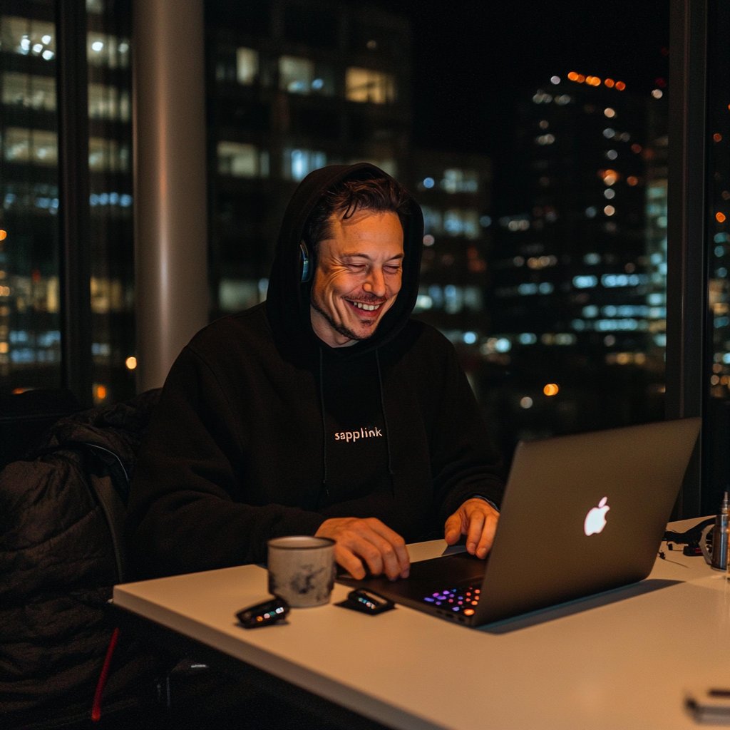marcmerih's tweet image. nothing to see here, just @elonmusk happily coding away while rocking my company hoodie #TechFlex #ElonApproved