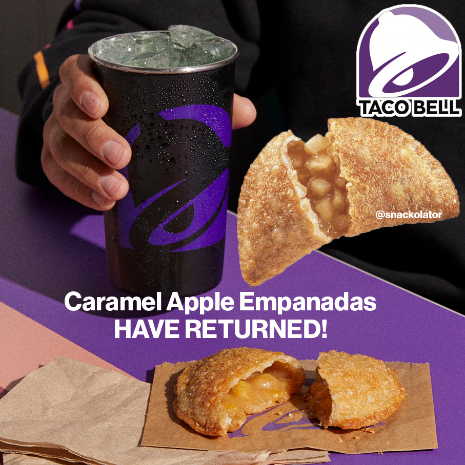 snackolator's tweet photo. The day has FINALLY come - Caramel Apple Empanadas are BACK at Taco Bell!

Starting tomorrow (11/21) you can get the Caramel Apple Empanadas from Taco Bell after a long hiatus as part of the amazing 'Decades Menu' that is available now.

Are you grabbing a Caramel Apple Empanada? https://t.co/liqVzYXfbC