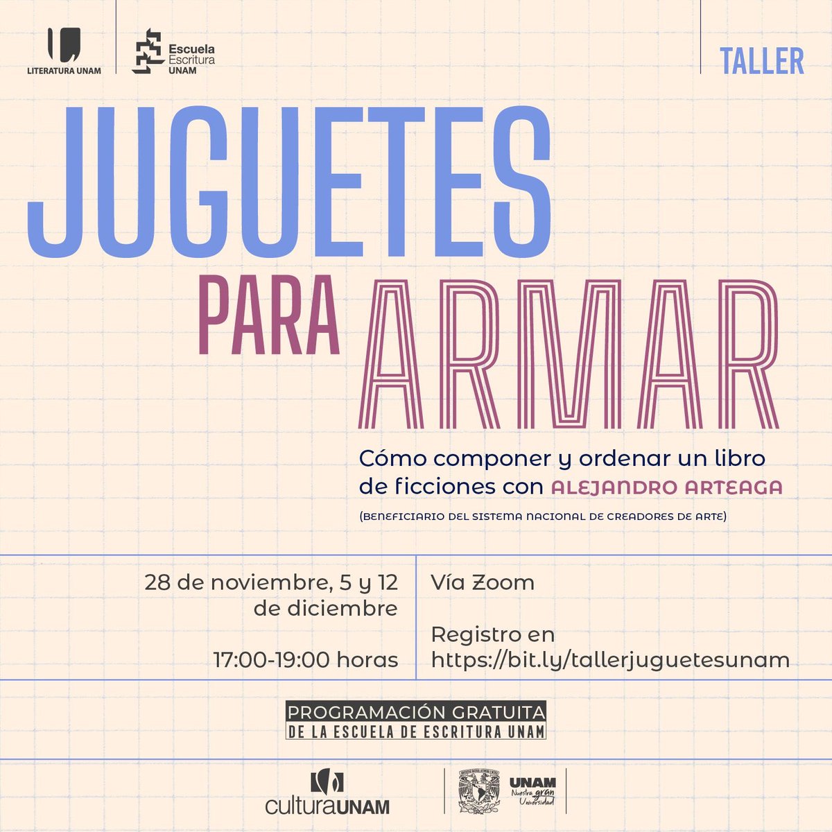 LiteraturaUNAM's tweet photo. 🎨 Dale forma a tus historias con este #taller en línea impartido por Alejandro Arteaga, autor y ganador de múltiples premios literarios. Aprende a ensamblar un libro de cuentos y a crear rutas de lectura irresistibles.

🗓️ Fechas: 28 de noviembre, 5 y 12 de diciembre
⏰ Horario: 17:00-19:00 h
📍 Modalidad: En línea (vía Zoom)
🎟️ Actividad gratuita

📖 ¡Reserva tu lugar! 
https://t.co/5VtFMDCKXL

#EscuelaDeEscritura