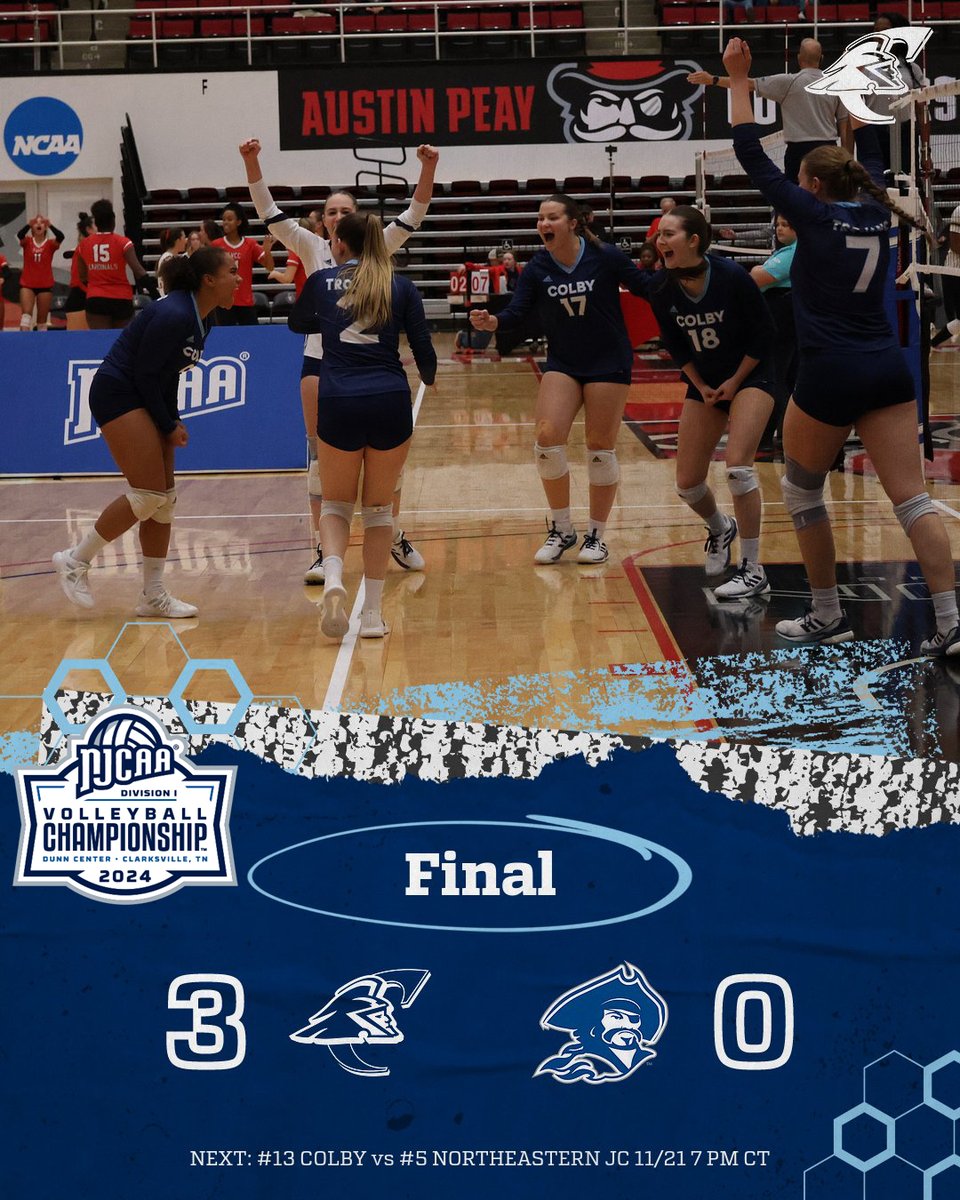 VB: FINAL I COLBY 3-0
#13 Colby claimed a first-round victory in straight sets over #4 Blinn College at the NJCAA Volleyball Championship. The Trojans will take on #5 Northeastern tomorrow at 7 PM CT. #BleedBlue #FightOn