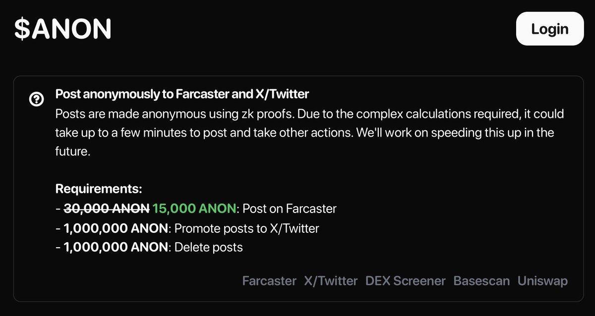 dwr's tweet photo. The viral zk app on Farcaster—anoncast—now supports x-posting to X.

~$900 to anonymously cast on Farcaster
~$60K to anonymously post on X

You can follow here: 

@anoncast_ https://t.co/TPXXyjyrrF