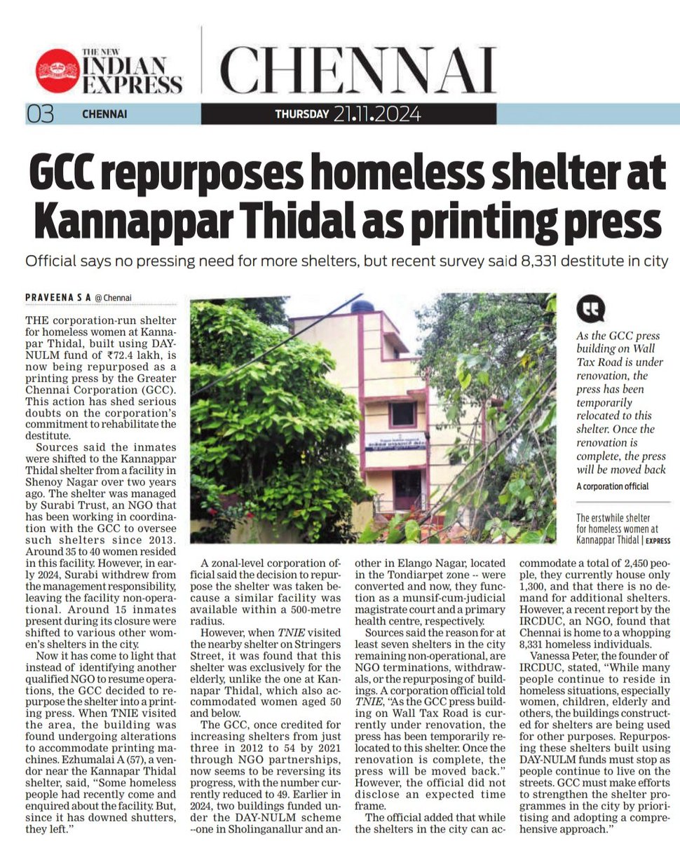 GCC-run #shelterforhomeless women at Kannapar Thidal, built using DAY-NULM fund of Rs 72.4 lakh, is now being repurposed into a printing press by <a href="/chennaicorp/">Greater Chennai Corporation</a>. This action has shed serious doubts on GCC's commitment to rehabilitate the destitute.
<a href="/xpresstn/">TNIE Tamil Nadu</a> <a href="/kgbias/">Kumaragurubaran (KGB)</a> <a href="/MoHUA_India/">Ministry of Housing and Urban Affairs</a>
