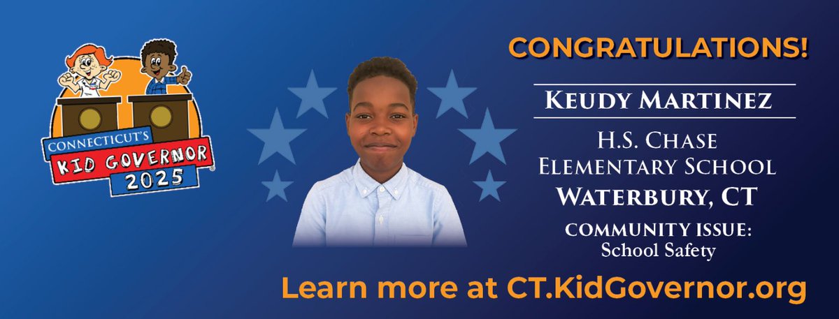 CT Dept of Education (@educatect) on Twitter photo Congratulations to <a href="/WaterburySchool/">Waterbury Public Schools</a> fifth grader Keudy Martinez for being named this year’s <a href="/CTKidGovernor/">Connecticut's Kid Governor®</a>!
Keudy's campaign focused on enhancing school safety. His priorities include addressing bullying, creating mental health awareness groups, and implementing buddy systems to Congratulations to <a href="/WaterburySchool/">Waterbury Public Schools</a> fifth grader Keudy Martinez for being named this year’s <a href="/CTKidGovernor/">Connecticut's Kid Governor®</a>!
Keudy's campaign focused on enhancing school safety. His priorities include addressing bullying, creating mental health awareness groups, and implementing buddy systems to