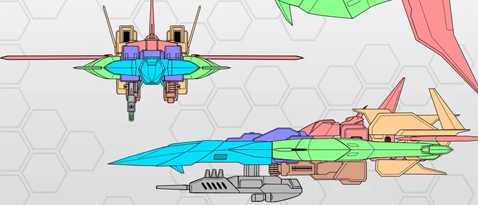 ②武器を持ち換える必要がないこと 腕は機体下面に露出する構造となっており、そのおかげでわざわざ武器を持ち換える必要がありません 人型形態で握っていた武器を、そのまま飛行形態でも使うことが出来ます この構造上、ガトリングガンのようなかなりデカい武器でも保持可能なはずですね