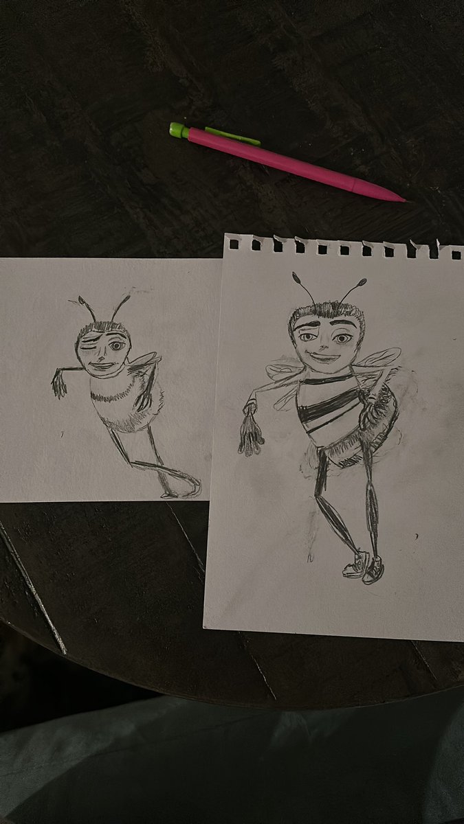 JaceIsEditing's tweet photo. Today was rough but I still managed a #dailybee I cannot wrap my head around his centaur-like proportions—whoever designed for the #beemovie was an absolute madlad imo. Don't ask me why the left one looks so pained it was my first scribbly attempt lol #sketch #warmupsketch https://t.co/IHmYUYRapV