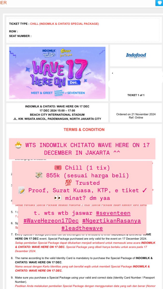 byunleebyrana's tweet photo. [HELP RT]

WTS INDOMILK CHITATO WAVE HERE ON 17 DECEMBER IN JAKARTA ^^ 

🎟️ Chill (1 tix)
💸 855k (sesuai harga beli)
💯 Trusted 
📝 Proof, Surat Kuasa, KTP, e tiket ✓
👀 minat? dm yaa 

t. wts wtb jaswar #seventeen #WaveHereon17Dec #NgertikanRasanya #LeadTheWave https://t.co/GbB0viZxty