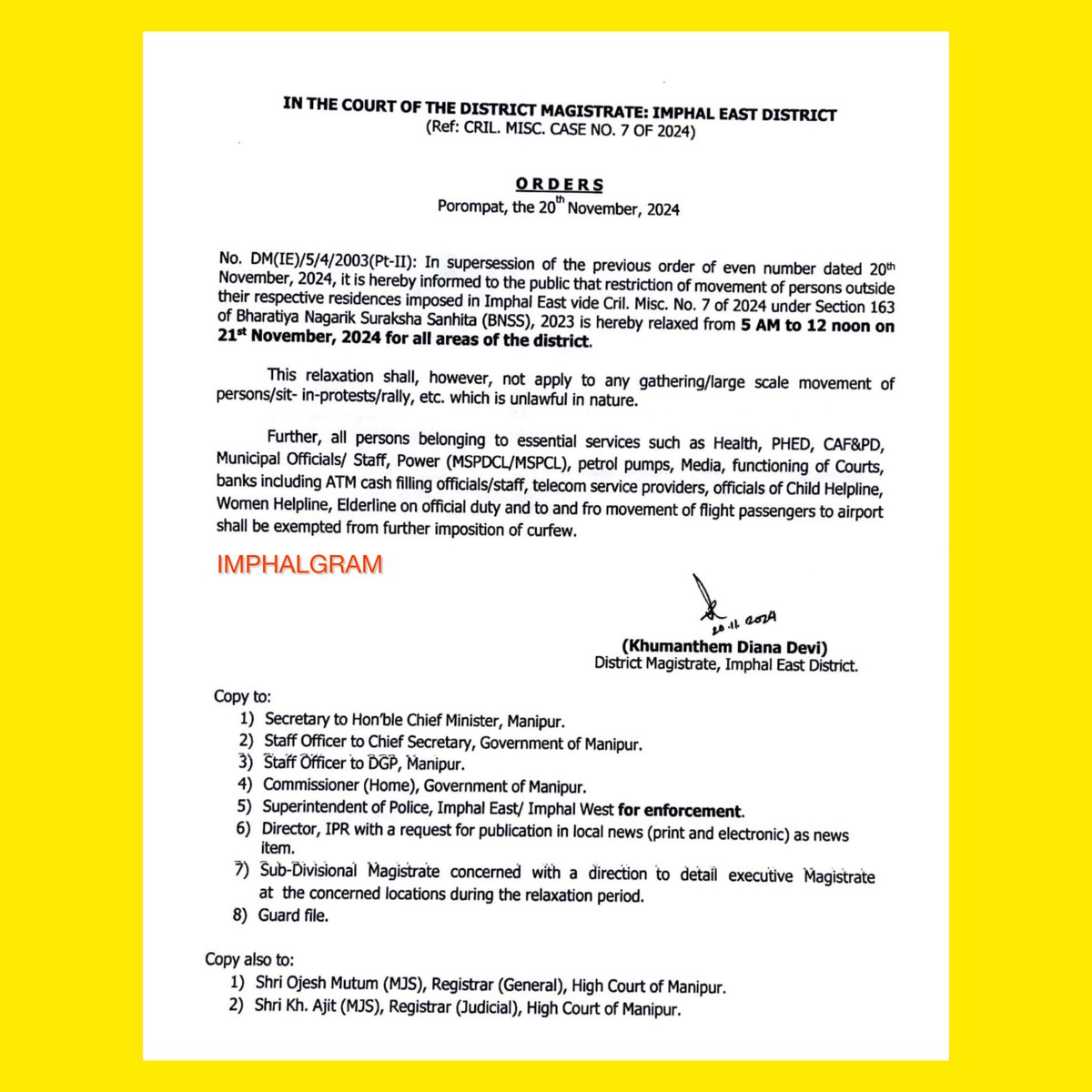 imphalgram's tweet photo. Curfew Update β οΈ
π Imphal East & West
ποΈ 21st November, 2024 (Thursday)
β° Curfew relaxed till 12:00 Noon
For exemptions and more details, please read the respective notifications. β¬
οΈ
#Curfew #CurfewUpdate #ImphalUpdates #EigiImphal #Imphal #BackinBusiness #Imphalgram https://t.co/rCdLHyeGgh