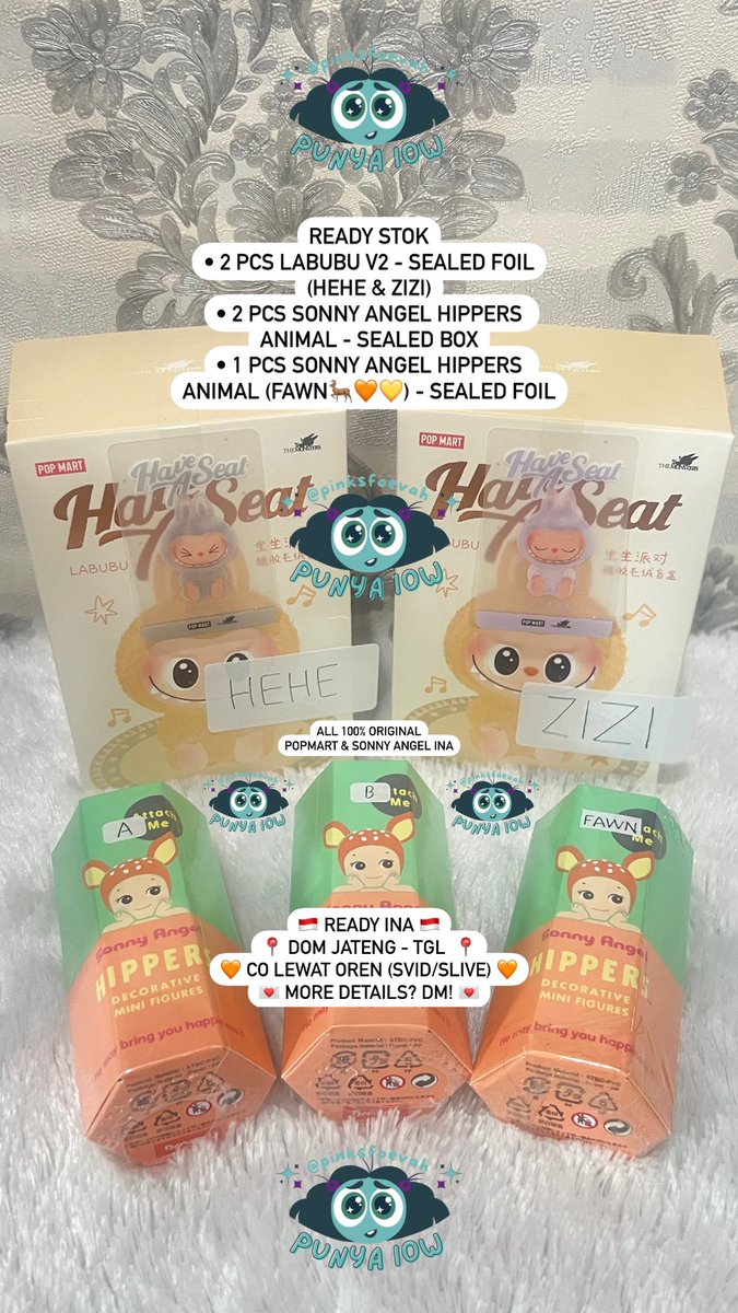 pinksfoevah's tweet photo. WANT TO SALE ~ READY INA🇮🇩

Labubu Have a Seat 
• 2 pcs Sealed Foil - Hehe🩶 &amp; Zizi💜

Sonny Angel Hippers Animal Series 
• 2 pcs Sealed Box
• FAWN 🦌 - Sealed Foil

*price by dm (nego), 
  inc adm pack &amp; bisa svid 5%

t. wts wtb wtt sonny angel hippers animal labubu sealed https://t.co/ujoYMnt4cl
