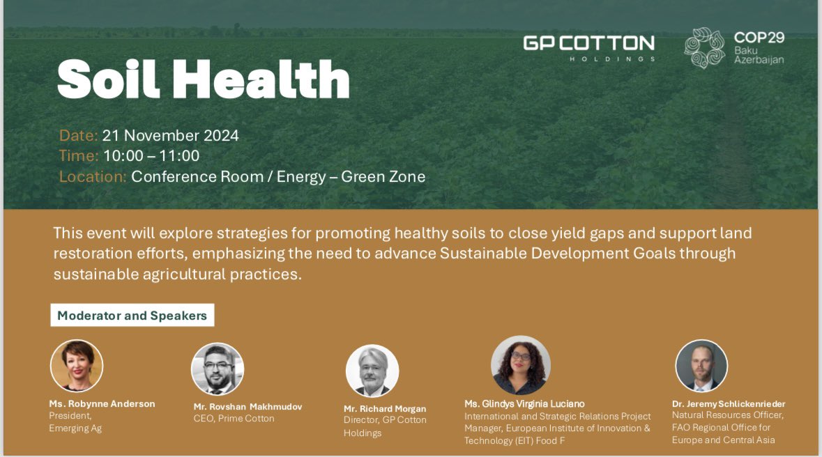 Leigh Ann Winowiecki (@lawinowiecki) on Twitter photo Join us in Azerbaijan Pavilion today
21 Nov 2024 <a href="/COP29_AZ/">COP29 Azerbaijan</a> for our final side event on the critical role of #soilhealth for #climate action!
<a href="/Robynne_A/">Robynne Anderson</a> @ca4sh_global <a href="/LucianoGlindys/">Glindys Virginia Luciano</a> <a href="/FAOLandWater/">FAO Land, Soil and Water</a> Join us in Azerbaijan Pavilion today
21 Nov 2024 <a href="/COP29_AZ/">COP29 Azerbaijan</a> for our final side event on the critical role of #soilhealth for #climate action!
<a href="/Robynne_A/">Robynne Anderson</a> @ca4sh_global <a href="/LucianoGlindys/">Glindys Virginia Luciano</a> <a href="/FAOLandWater/">FAO Land, Soil and Water</a>
