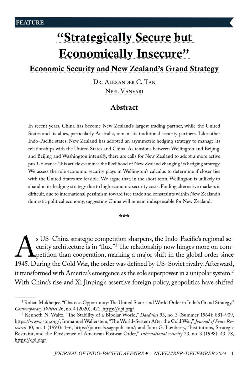 Neel Vanvari (@neelvanvari) on Twitter photo In this latest journal article published by <a href="/Journal_INDOPAC/">Journal of Indo-Pacific Affairs</a> , Professor Alex Tan and I assess the role that economic security plays in New Zealand’s grand strategy.
The full article is available through the link below.
media.defense.gov/2024/Nov/19/20… In this latest journal article published by <a href="/Journal_INDOPAC/">Journal of Indo-Pacific Affairs</a> , Professor Alex Tan and I assess the role that economic security plays in New Zealand’s grand strategy.
The full article is available through the link below.
media.defense.gov/2024/Nov/19/20…