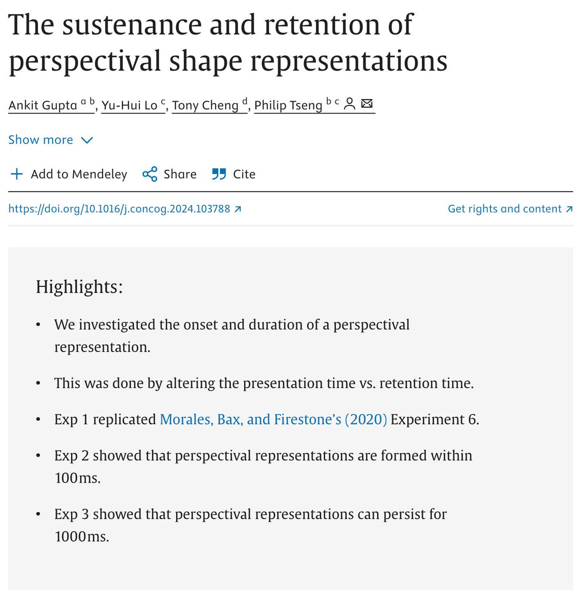 Chaz Firestone (@chazfirestone) on Twitter photo So cool to see continued work on representation of perspectival shape! Here's the latest from Gupta, Lo, <a href="/TonyHYCheng/">Tony Cheng</a>, and Tseng, in Consciousness and Cognition, replicating and extending work with Jorge Morales.
sciencedirect.com/science/articl… So cool to see continued work on representation of perspectival shape! Here's the latest from Gupta, Lo, <a href="/TonyHYCheng/">Tony Cheng</a>, and Tseng, in Consciousness and Cognition, replicating and extending work with Jorge Morales.
sciencedirect.com/science/articl…