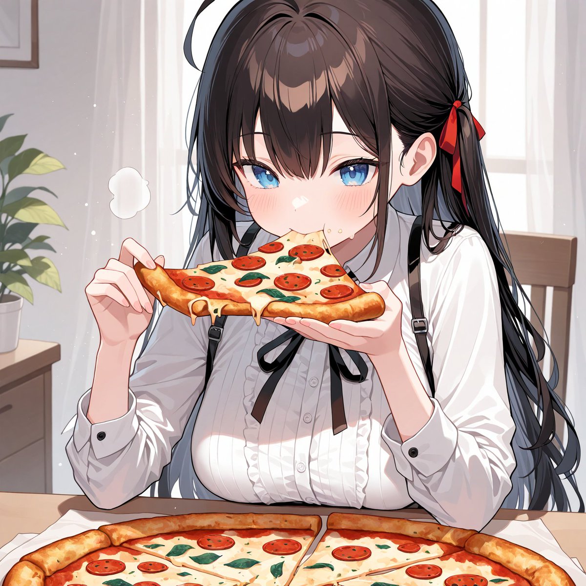 1536x1536で試してみた「1girl, eating pizza」。illustrious XL（左