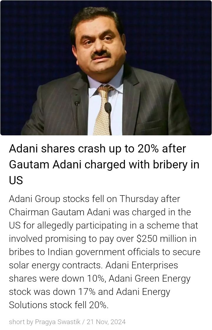 🇮🇳Adani Group stocks fall up to 25% after bribery charges framed against Gautam Adani, other executives
