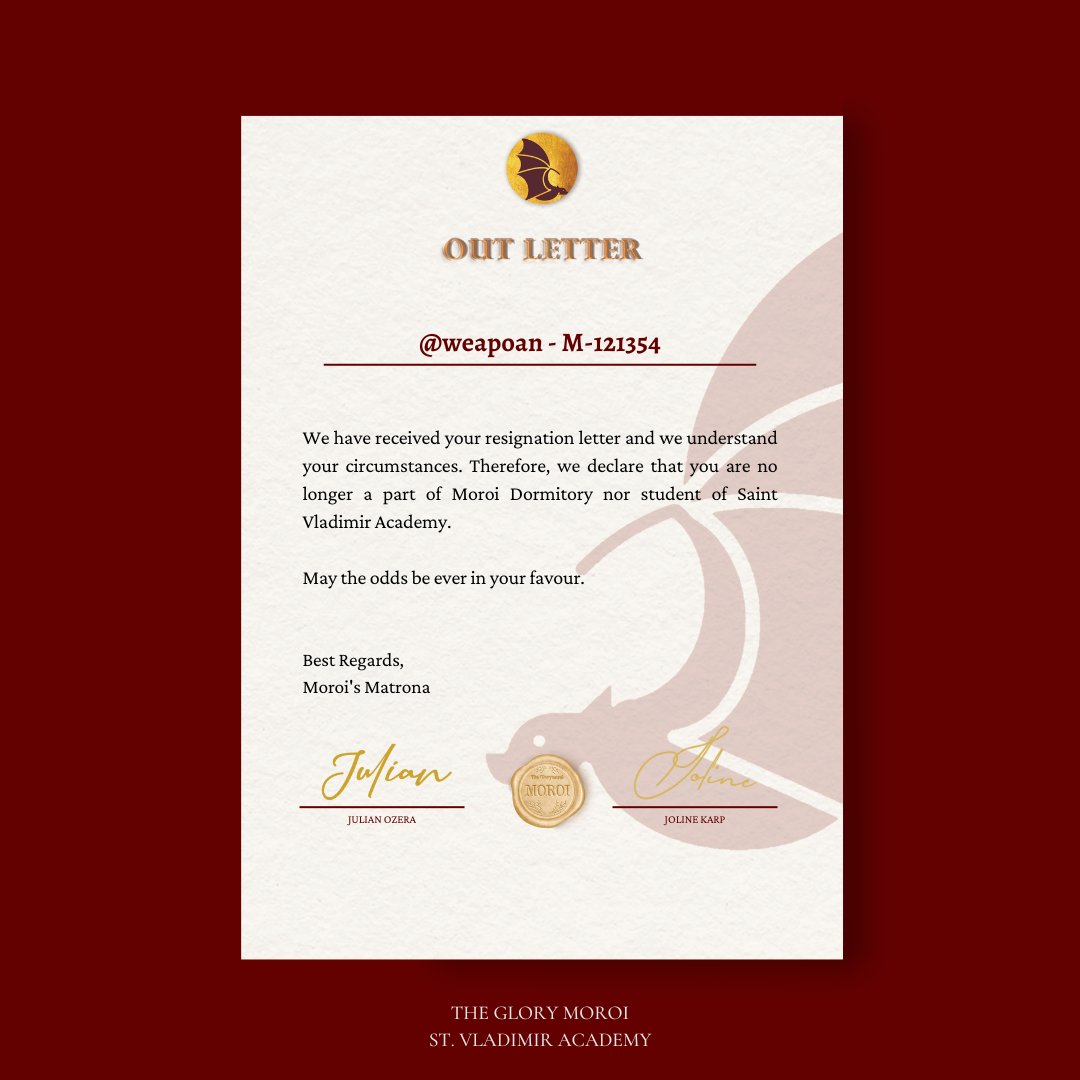 ㅤ  

𝐎𝐔𝐓 𝐋𝐄𝐓𝐓𝐄𝐑 
Issued on November, 20.  

Dearest, <a href="/weapoan/">.</a> —  M-121354

Take care and have a great life ahead.   

Cc : <a href="/VladimirAcademy/">Vladimir Academy</a> <a href="/VNA_Nation/">VNA NATION</a> <a href="/VladimirDatum/">𝐃𝐚𝐭𝐮𝐦</a> <a href="/Sir_JOzera/">Jo.</a> <a href="/Ms_JKarp/">Joline.</a> <a href="/attrazt/">Kafka.</a> <a href="/nitnous/">Ale.</a> <a href="/ofccans/">Wonyoung</a> <a href="/reveuseiu/">L. 📍Lucerne</a> 

ㅤ