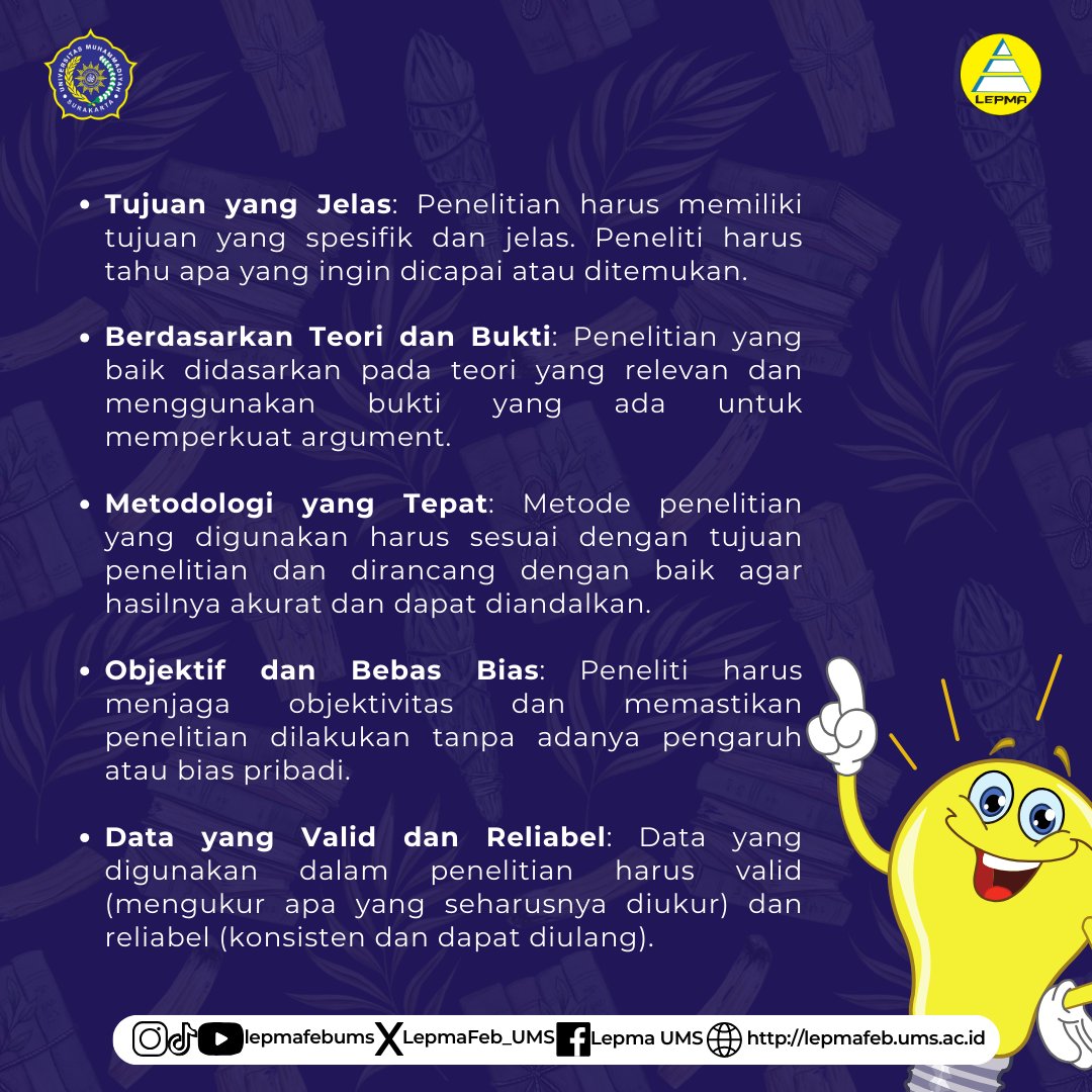 LepmaFEB_UMS's tweet photo. 📜TALK ABOUT RESEARCH (TAR) 📜

TAR atau Talk About Research merupakan konten yang memberikan wawasan atau insight baru kepada Mahasiswa UMS mengenai penelitian. TAR kali ini membicarakan syarat - syarat penelitian secara umum yang dapat dilakukan dalam sebuah penelitian!! https://t.co/OcdsRwwheK