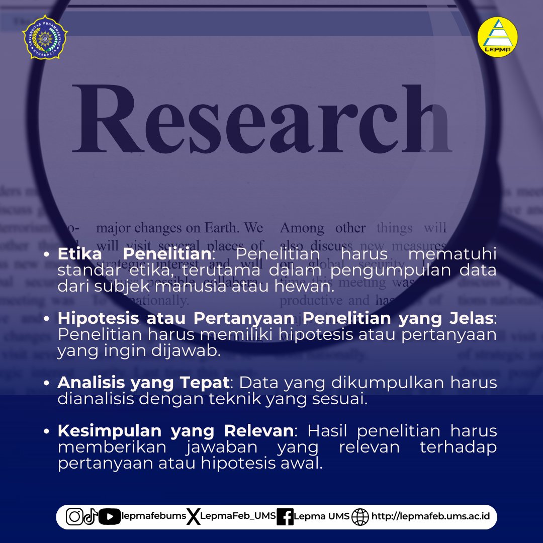 LepmaFEB_UMS's tweet photo. 📜TALK ABOUT RESEARCH (TAR) 📜

TAR atau Talk About Research merupakan konten yang memberikan wawasan atau insight baru kepada Mahasiswa UMS mengenai penelitian. TAR kali ini membicarakan syarat - syarat penelitian secara umum yang dapat dilakukan dalam sebuah penelitian!! https://t.co/OcdsRwwheK