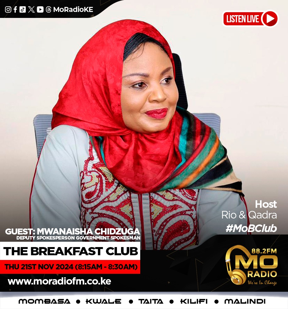 MoRadioKE's tweet image. Tutakuwa tunazungumza na Hon Mwanaisha Chidzuga, Deputy Government Spokesperson  muda huu.

Atazungumza kuhusu masuala ya bima ya Afya ya SHA,ungependa kumuuliza swali gani?

Sms line 23440

#MoBclub #RioNaQadra #moradioke #WeAreIncharge