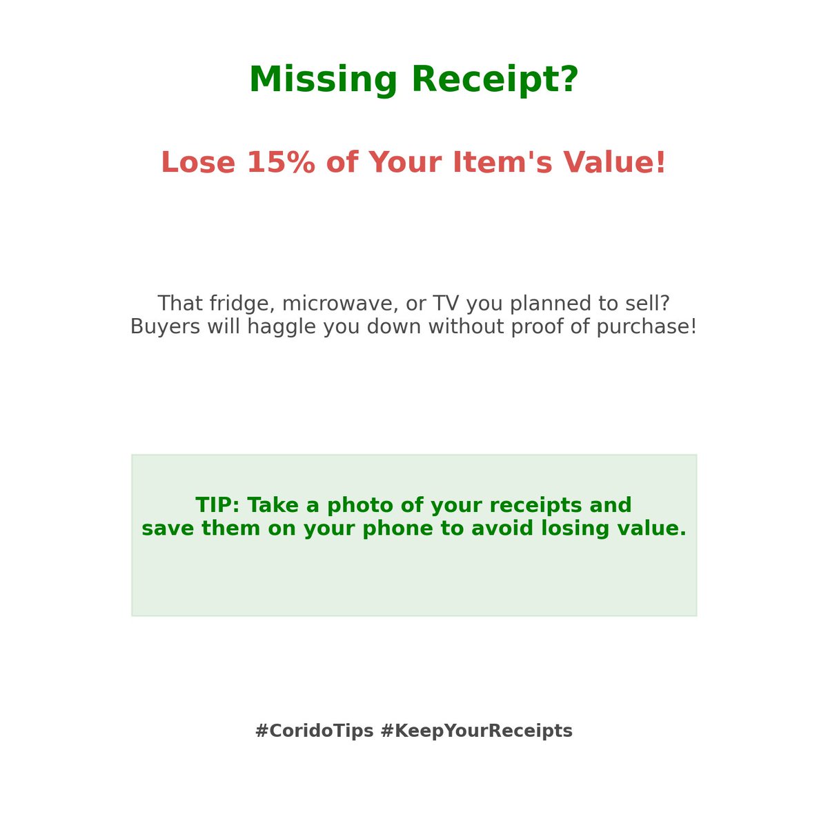 CoridoKE's tweet photo. How much are you losing because of a missing receipt? In Kenya, selling appliances without a receipt can slash 15% off the price—just like that! Protect your hard-earned cash. Keep those receipts safe. 📄💰 #CoridoTips #SmartSelling https://t.co/ZaUQcLiknq